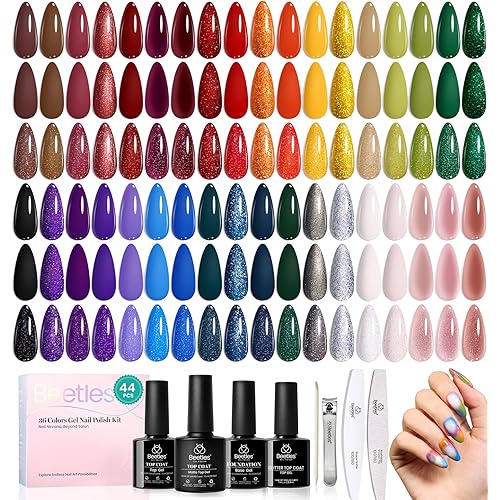Beetles Gel Nail Kit, Mystic Wonderland Gel Polish Set, 36 Colors Burgundy Brown Orange Red Polish Kit with Base Coat Glossy Matte & Glitter Top Coat Soak Off UV Led Nails Gifts for Women