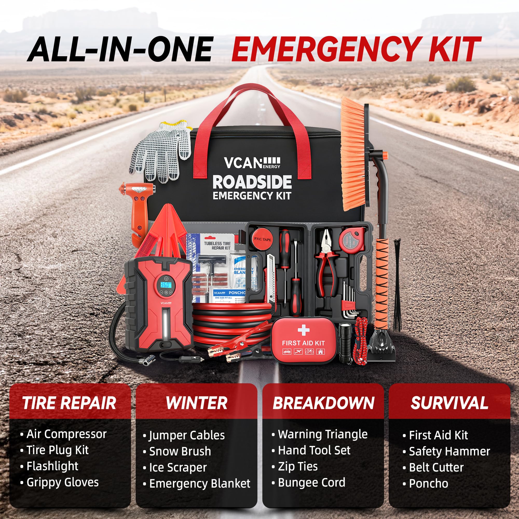 Kit di sicurezza di emergenza per auto con compressore d'aria portatile cavi ponticello kit di pronto soccorso kit di emergenza per strada invernale con spazzola per polvere di neve e