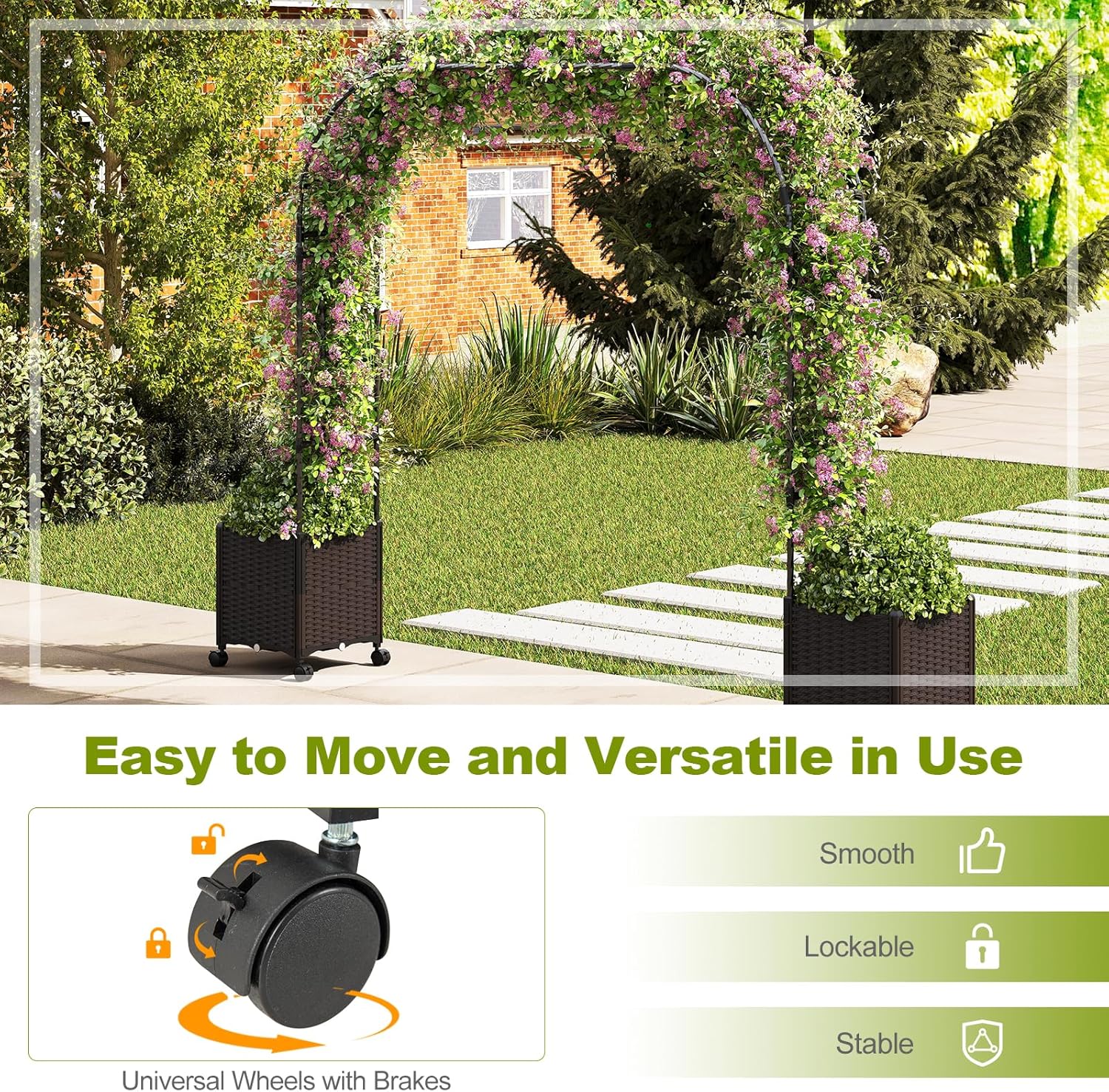 Happygrill 80" Garden Arch Trellis, Metal Archway Pergola with 2 Planter Boxes, Detachable PE-Coated Metal Tubes, Self-Watering System & Lockable Wheels, Outdoor Arbor for Climbing Plants