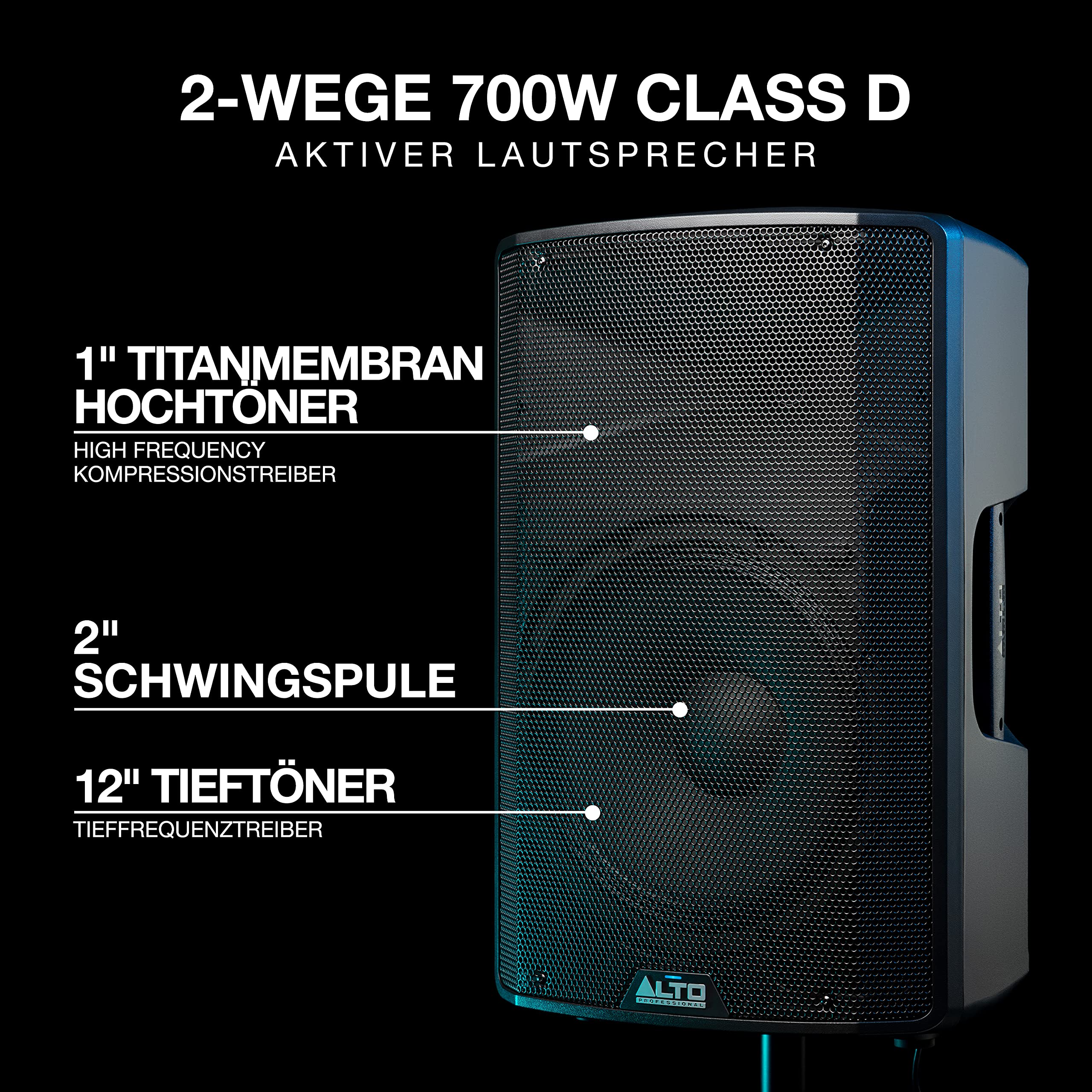 ALTO TX312-700 Watt 12-Zoll 2-Wege Aktiver PA-Lautsprecher mit Signal-Limiting und Schaltbarem Mikrofon/Line-Preamp und XLR In/Out