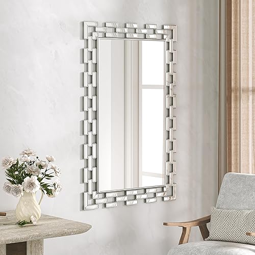 NXHOME Espejo decorativo de pared plateado 46.5 × 30.7 "- Espejo de pared rectangular grande con diseño veneciano griego