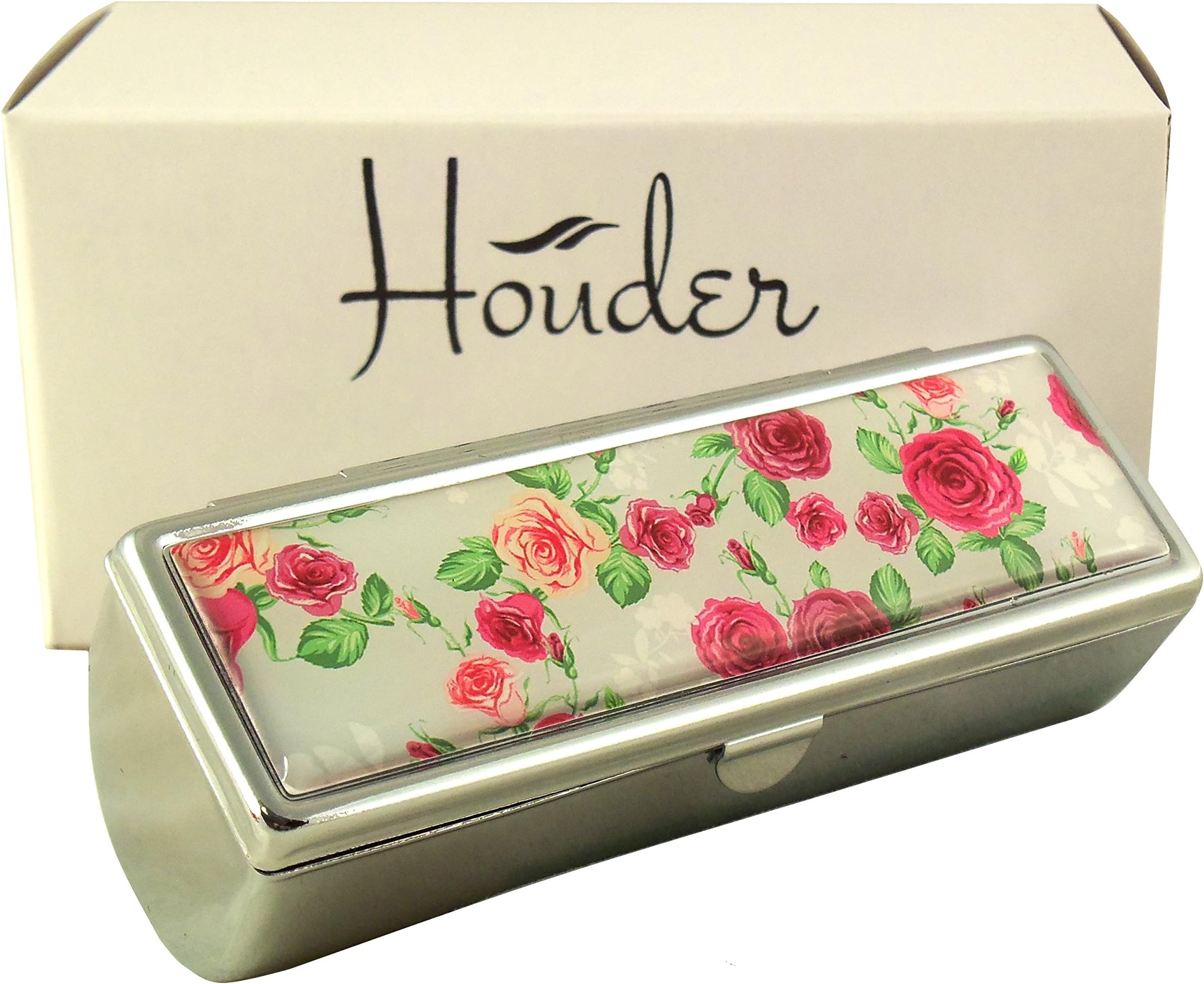 Designer Lipstick Case with Mirror for Purse - Decorative Lipstick Holder with Gift Box - Velvet Lined - Protect Your Lipsticks in Style (Red Roses)