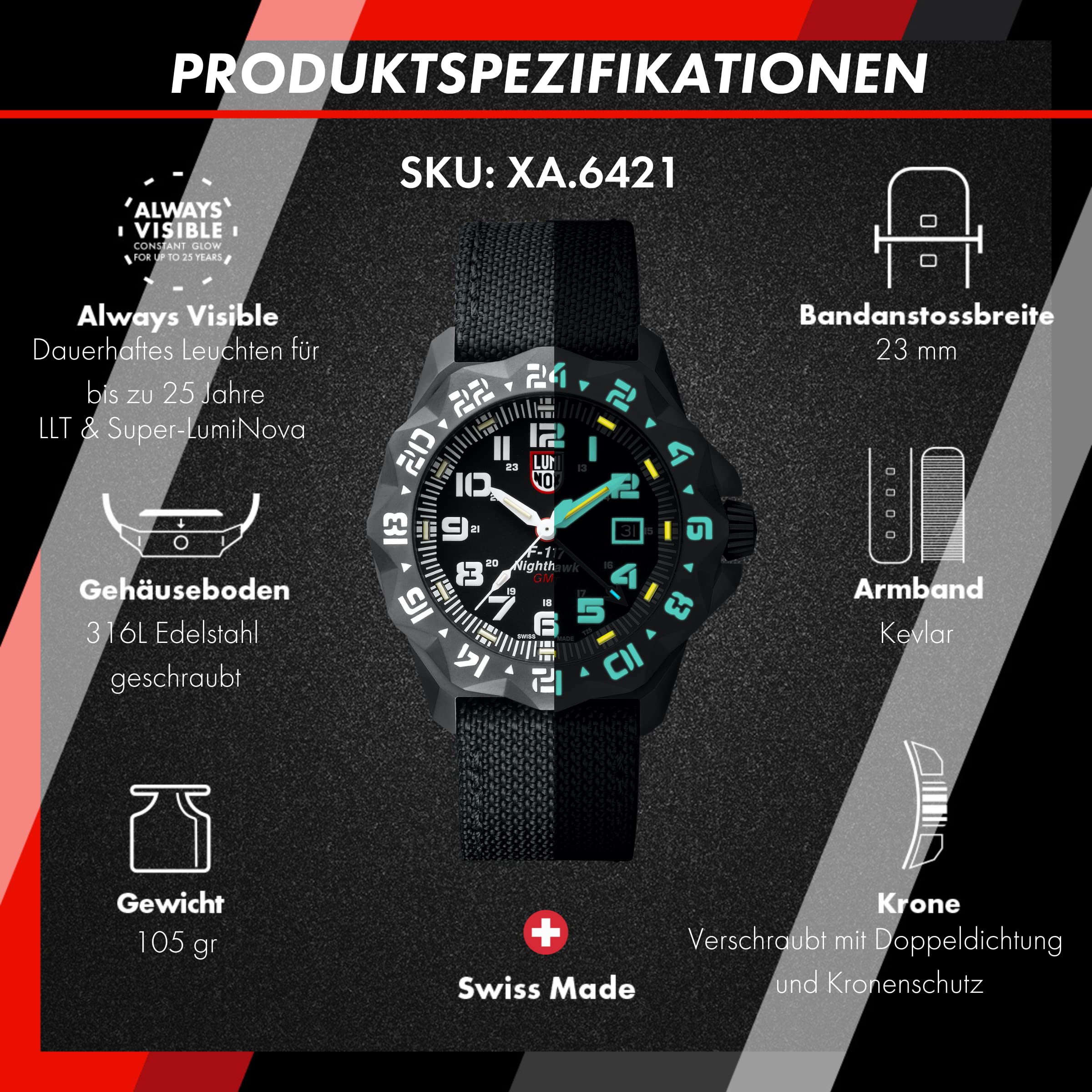 Luminox – F-117 Nighthawk HerrenUhr 44 mm, 6400 Serie, Pilotenuhr Edelstahl, Swiss Quarz Uhr, Zweite Zeitzone, 200 m wasserdicht, Selbstleuchtend