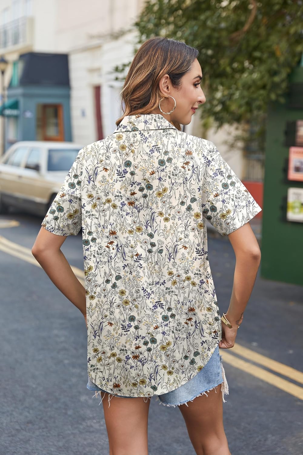 HOTOUCH Cotton Linen Button Down Shirt for Women V Neck Collared Blouse Casual Short Sleeve Tops with Pocket - Image 5