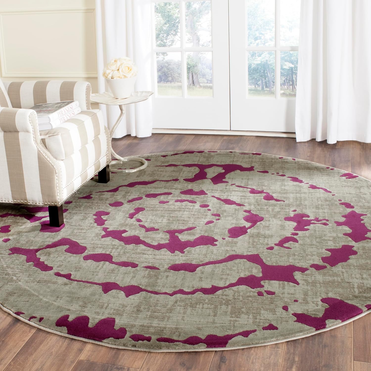 SAFAVIEH Porcello Collection Area Rug - 6'7" Round, Light Grey & Purple, Modern Abstract Design, Non-Shedding & Easy Care, Ideal for High Traffic Areas in Living Room, Bedroom (PRL7735B)