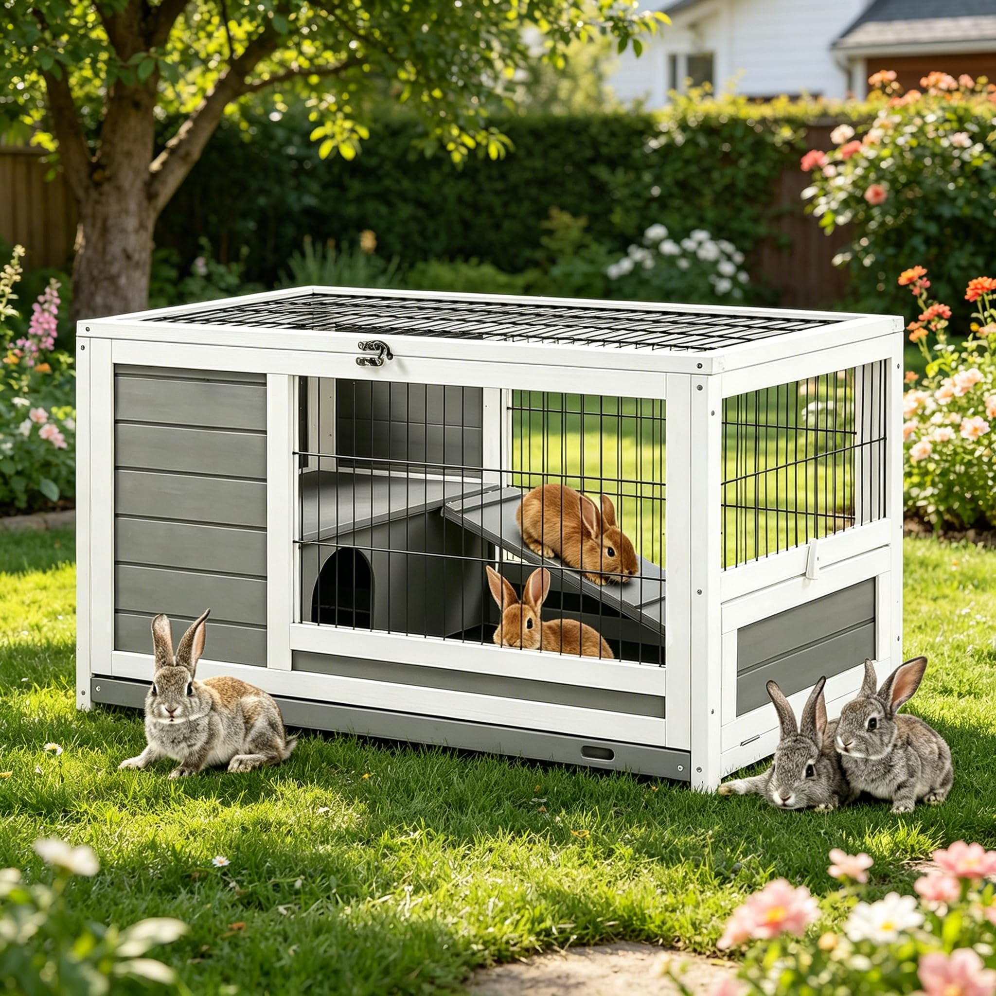 YODOLLA Hasenstall Kaninchenstall Kleintierhaus für Kleintiere, 90 cm Meerschweinchenkäfige mit Auslauf, Kaninchenkäfig für drinnen und draußen
