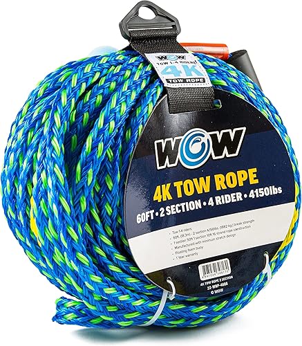 Miniatura 2 de WOW Sports Cuerda de remolque para wakeboard, esquí acuático y wakesurf, cuerda de remolque 4K para 4 jinetes con 2 secciones, 60 pies