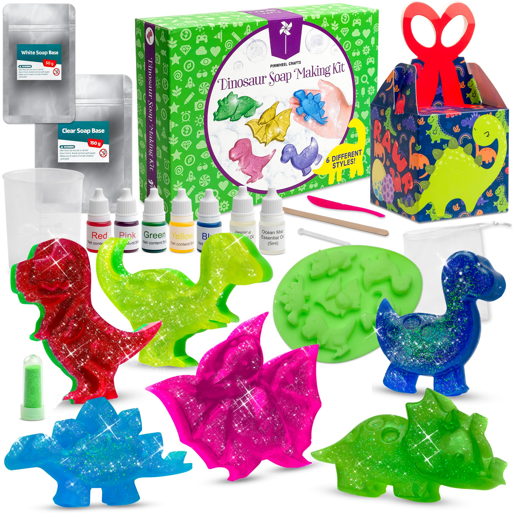 Pinwheel Crafts DIY Soap Making Kit for Kids Ages 5 6 7 8-12+ with Molds, Scents, Dye, Glitter, Foaming Net – Dinosaur Soap Making Kits for Adults