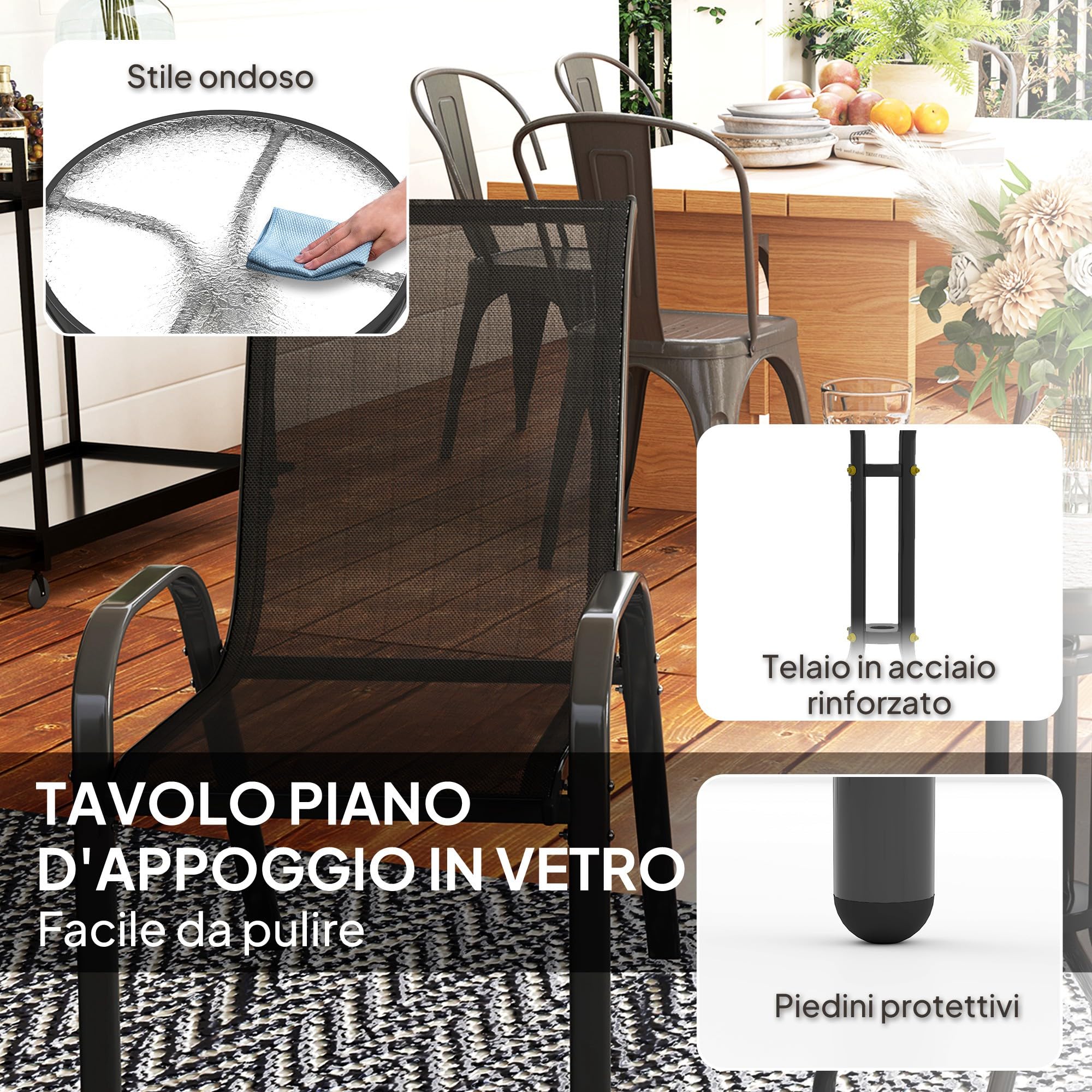 Outsunny Set da Bistro 3 Pezzi con Sedie Impilabili e Tavolino Rotondo in Acciaio e Vetro, Nero