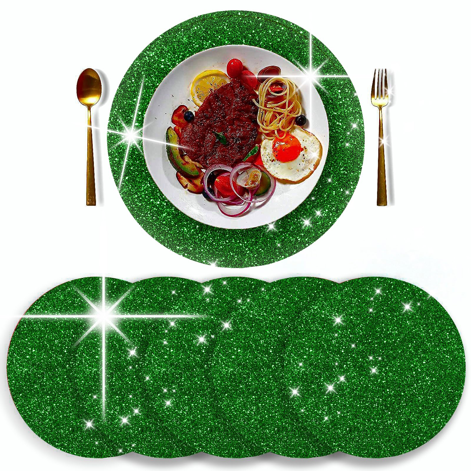 Green Round Glitter Sparkle Placemats - Set of 6, 40CM - Perfect for Kitchen, Table, Kids, Chrismas, Weeding Party