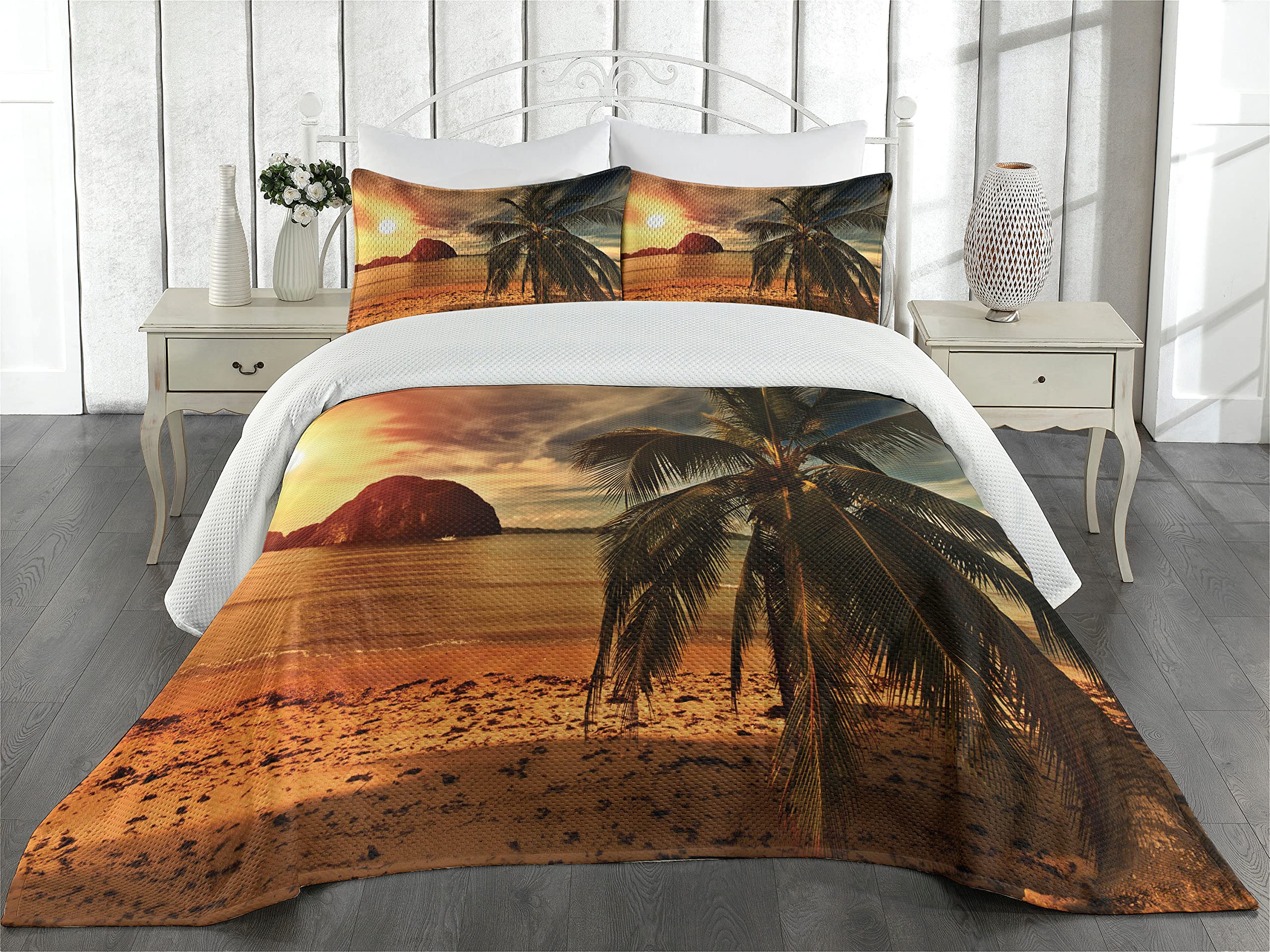 Ambesonne Ocean Coverlet, Havana Beach Sunny Tropics Mountains Rocks and Coconut Palm Trees, 3 Piece Decorative Quilted Bedspread Set with 2 Pillow Shams, King Size, Dark Green Pale Brown