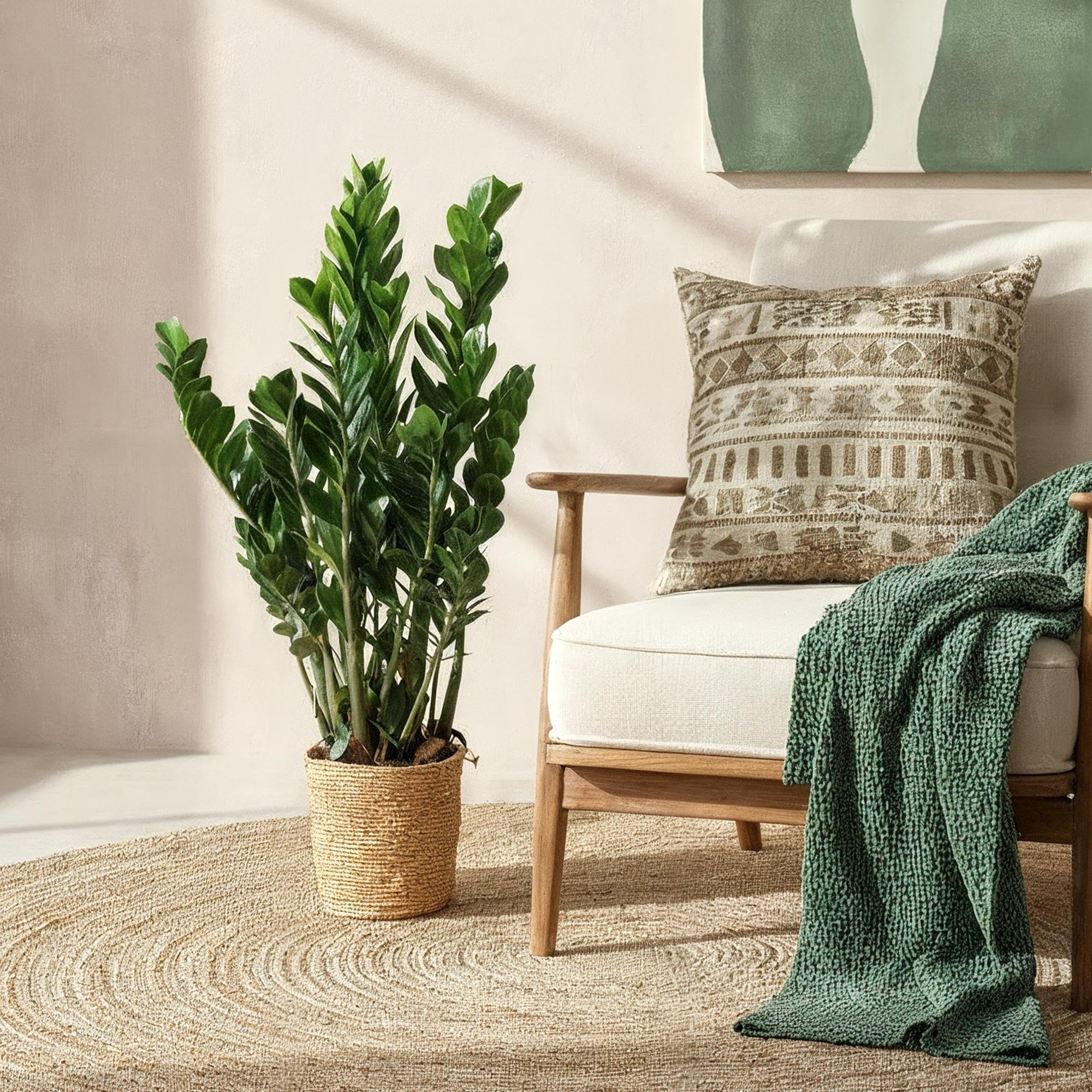 Green boutiQ - Plantes d'intérieur - Zamioculcas - Plante ZZ - Peu d'entretien - avec panier - Vert - 1 Plante - Pot 21cm - Hauteur 80-90cm