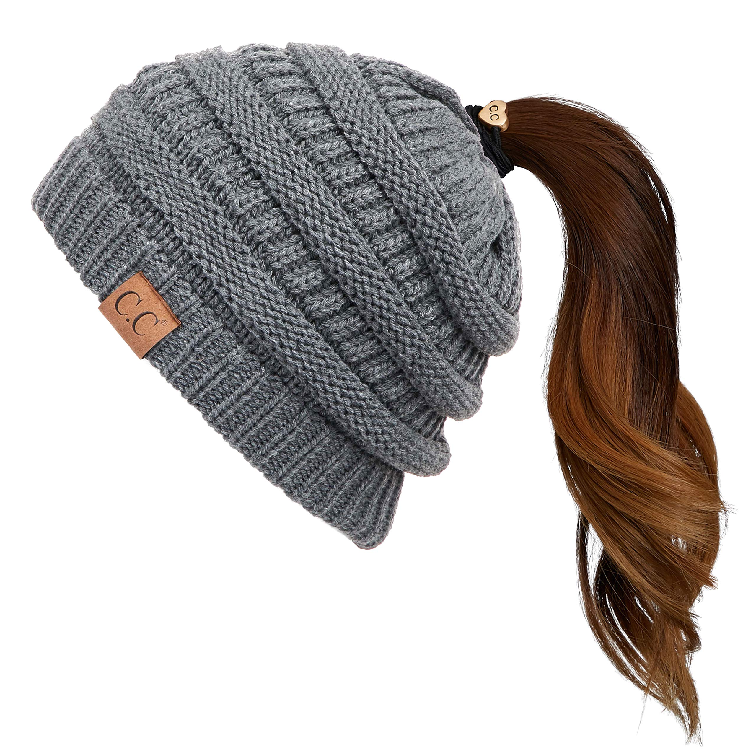 C.CExclusives Soft Stretch Cable Knit Messy Bun Ponytail Beanie Winter Hat for Women (MB-20A)