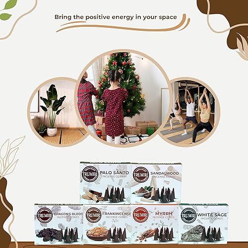 Miniatura 3 de Trumiri Conos de incienso amaderado  Paquete variado  Total 60 conos de incienso (6 aromas x 10 conos)  salvia blanca, Palo Santo, sangre de