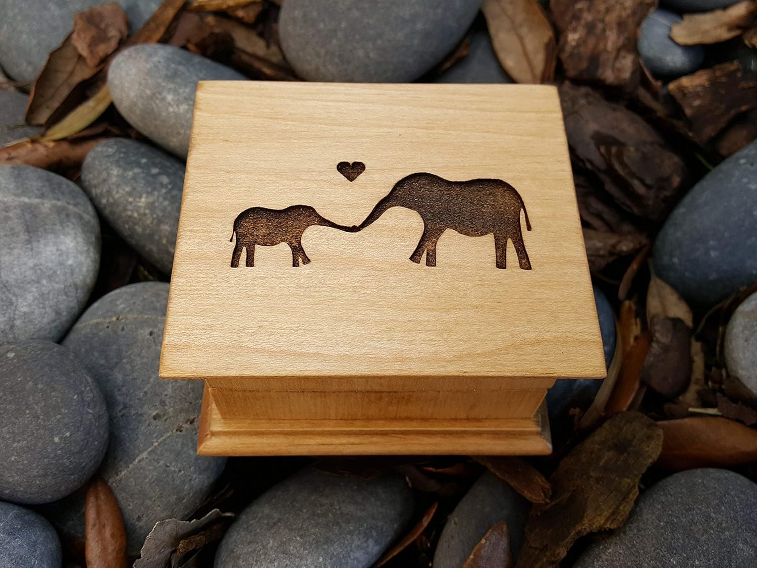 Mother's day gift, Custom engraved wooden music box with an elephant family on the top with your customized message on the bottom side of the box, with your choice of color and song
