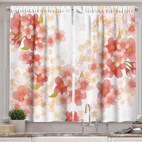 Ambesonne Cortinas florales de cocina, flores de Sakura japonesas con flores de cerezo en colores vibrantes, cortinas de ventana, juego de 2 paneles