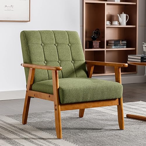 Krinana Silla decorativa de lino de mediados de siglo con marco de madera maciza, cómodo sillón de un solo lado para sala de estar, dormitorio,