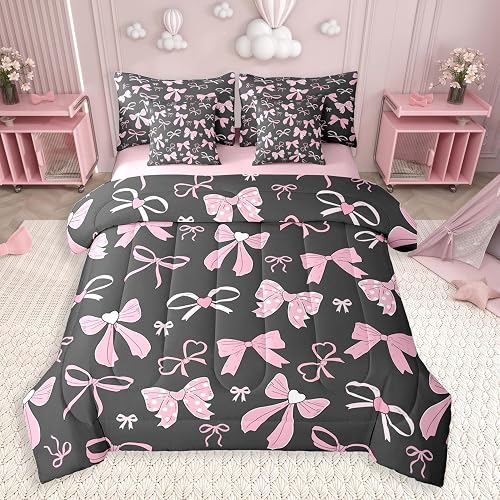 Feelyou Girls Pink Bow Comforter Set Twin Size 7 Piece for Kids Teens
