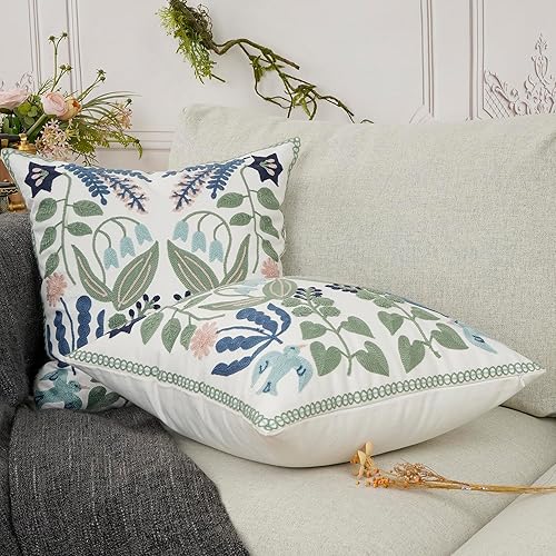 Miniatura 10 de YOUR SMILE Paquete de 2 fundas de almohada decorativas bordadas de 18 x 18 pulgadas, fundas de almohada florales de granja para sofá, sala de estar,