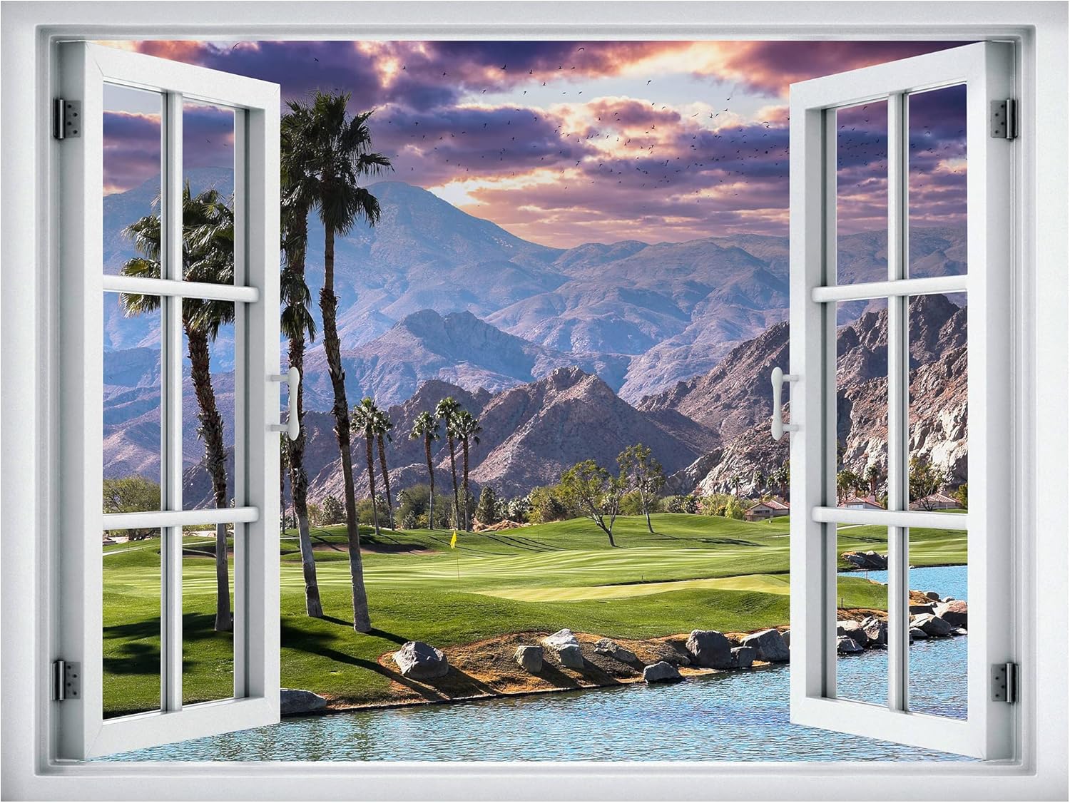 SIGNWIN Removable Wall Sticker/Wall Mural Window View Tropical Palm Tree Mountains Nature Wilderness Photography Realism Decorative Landscape Digital Art for Living Room, Bedroom, Office - 36"x48"
