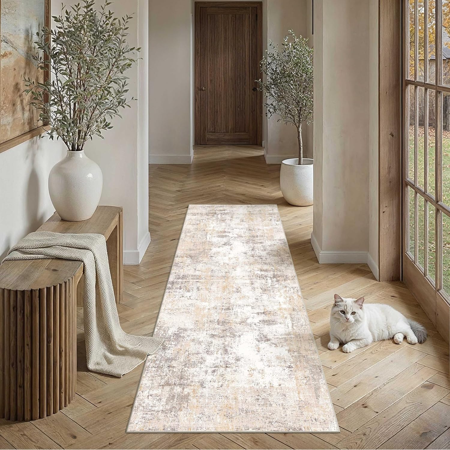 Kitchen Rug Set of 3 Washable Beige Grey Abstract Kitchen Mats for Floor Non-Slip Kitchen Runner Rug Soft Low Pile for Bathroom Laundry Hallway Sink Entryway