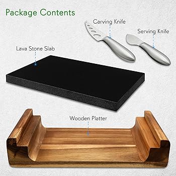 Nutrichef Hot Stone Grill/Food Serving Platter Set w/Acacia Wood Tray, Slab, Stainless Steel Knives-Lava Rock for Coo...