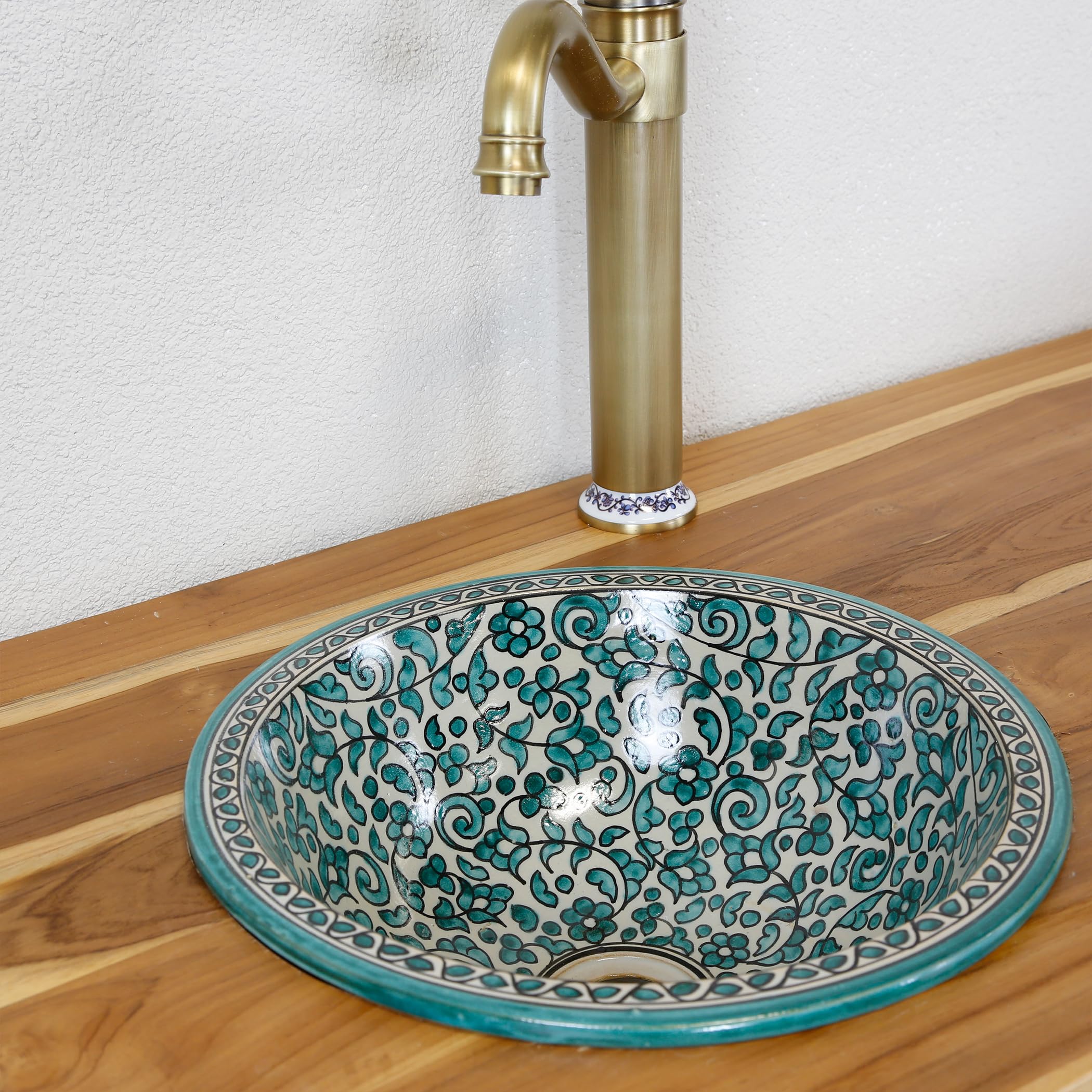 Lavabo de cerámica empotrable redondo sin agujero para grifo turquesa