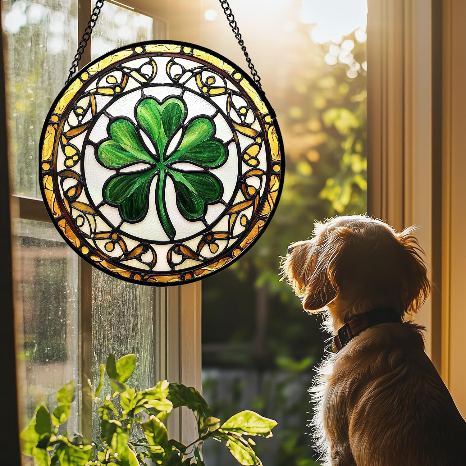 Stained Glass Window Hanging - Green Clover Suncatcher for Door Terrace Garden Home Decor Gold Gradient Boho Style Sun Catcher Birthday Gifts for Lovers Women Men Dad Mom Nana 11.8 in
