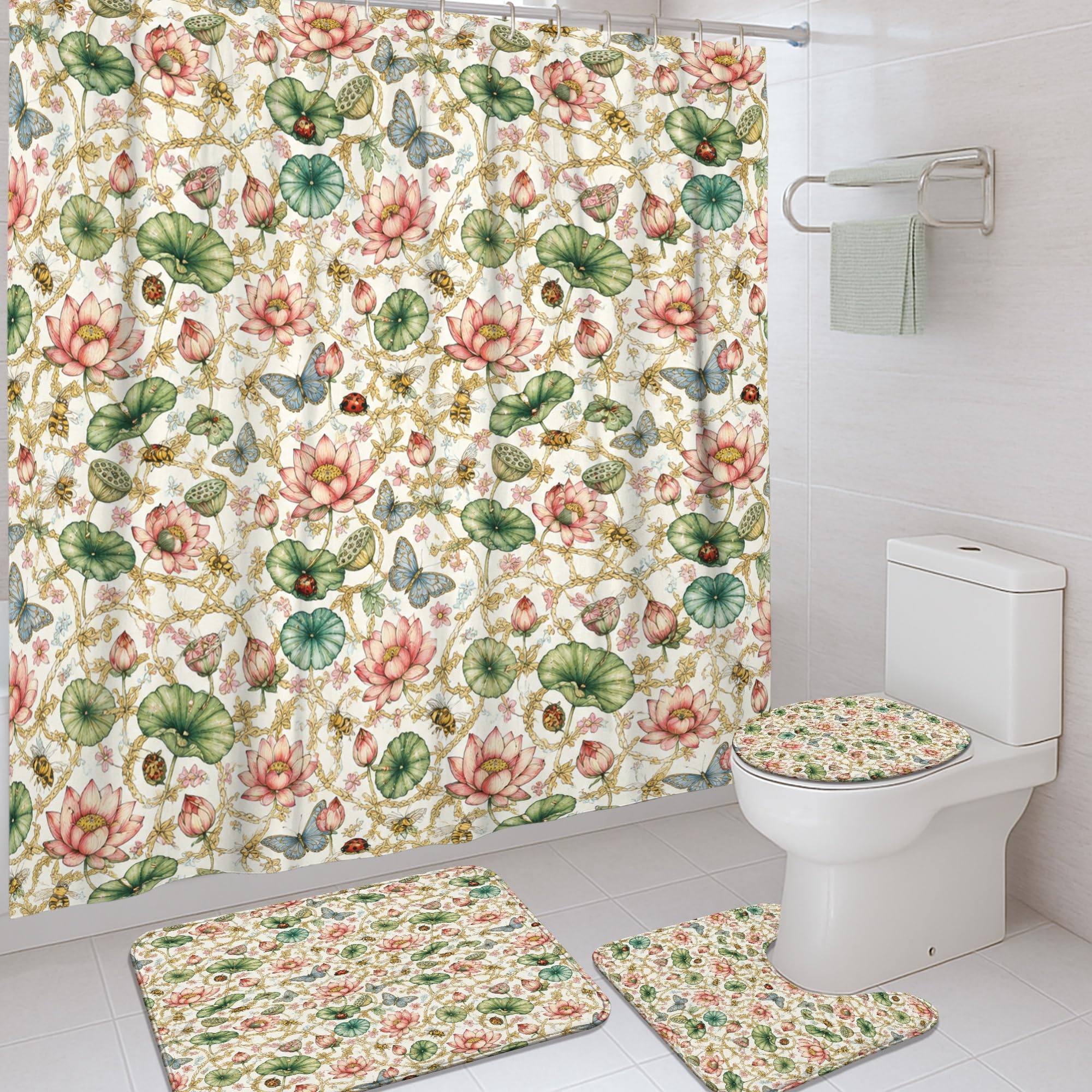 Rideau de douche anti-éclaboussures nénuphar en tissu imperméable pour salle de bain propre