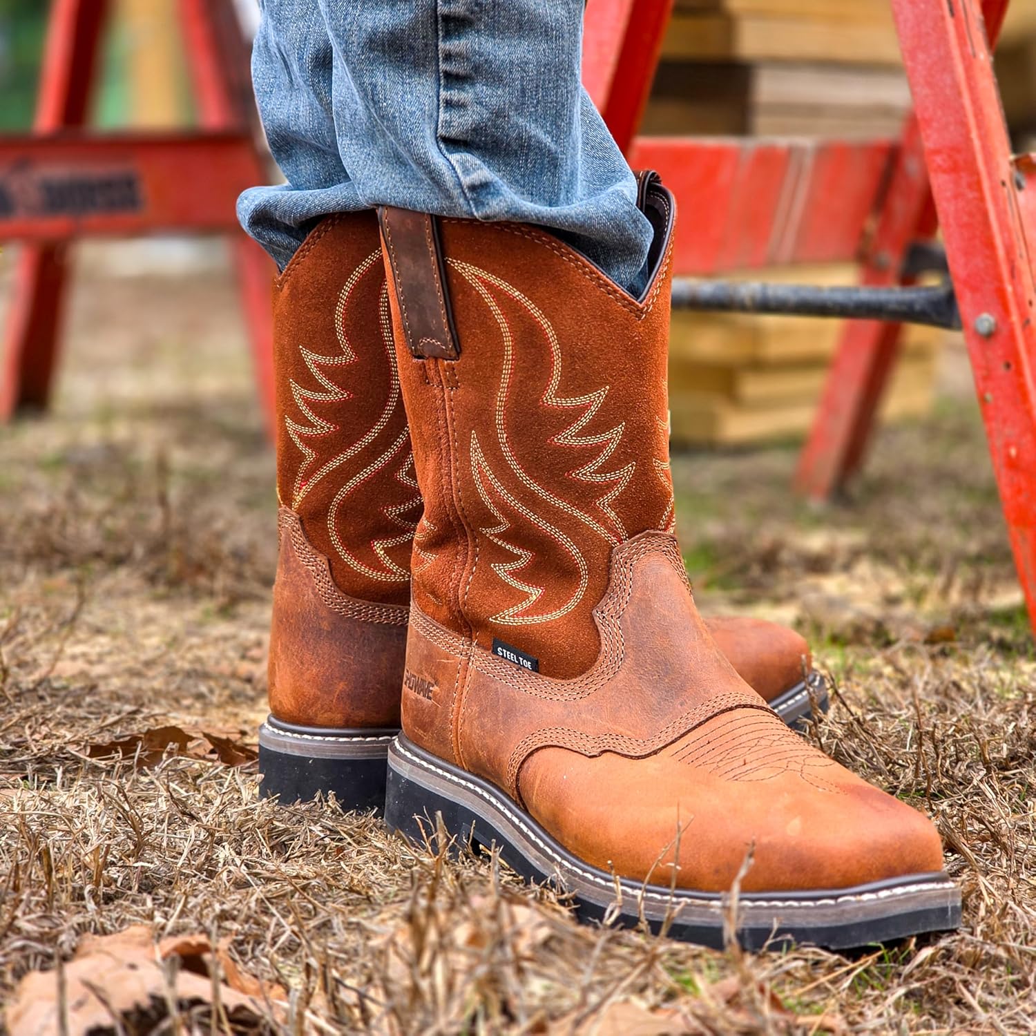 Showave Steel Toe Cowboy Boots for Men Western Square Toe Work Boot Full-grain Leather Safety Boots with Hazard Protection for Construction Manufacture Farming - Image 2