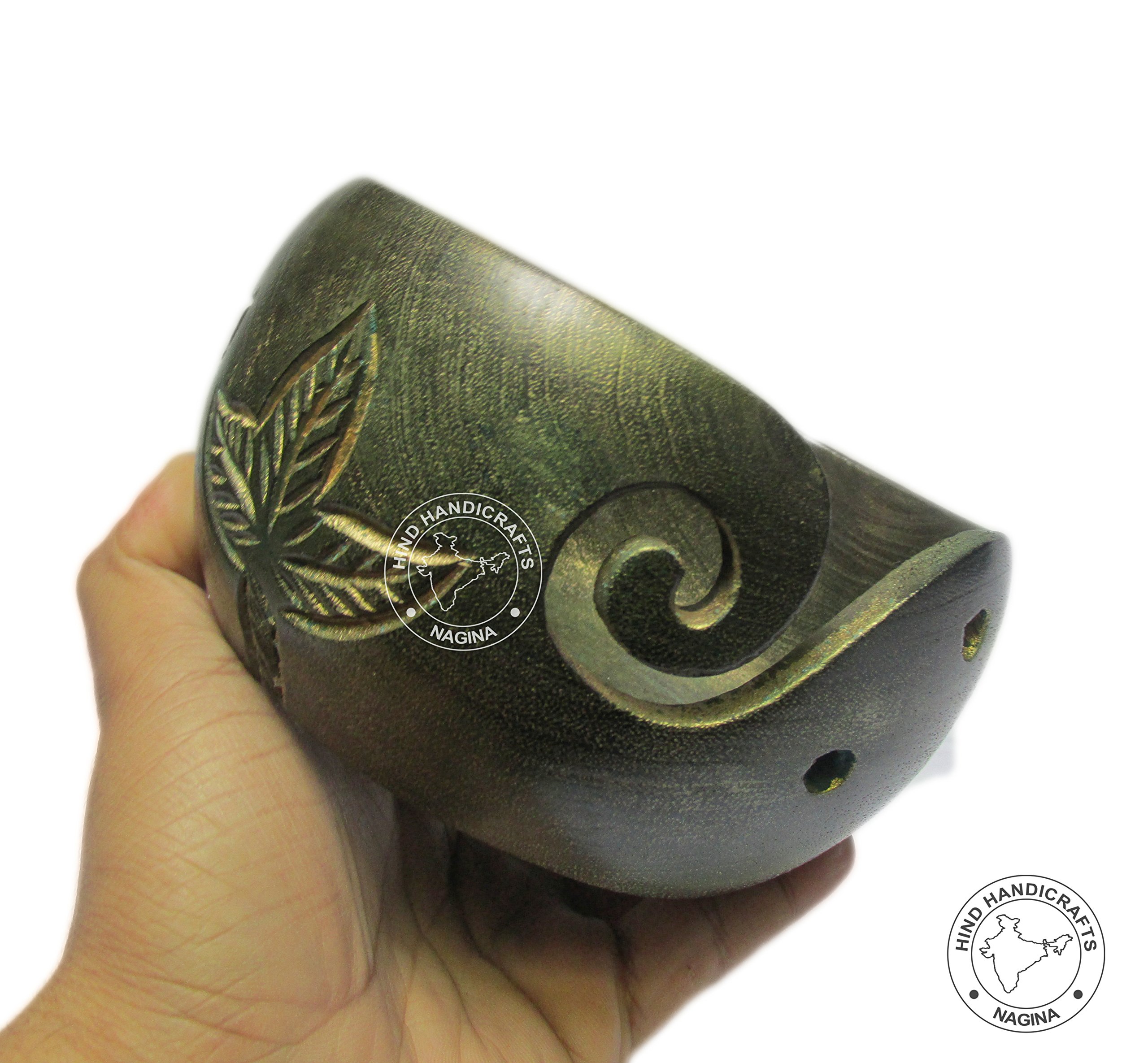 Premium Solid Dark Hard Wood Flowers Crafted Wooden Portable Antique Brass Green Yarn Bowl | Knitting | Crochet Holder | Hind Handicrafts (6 x 6 x 3 inch) - Image 4