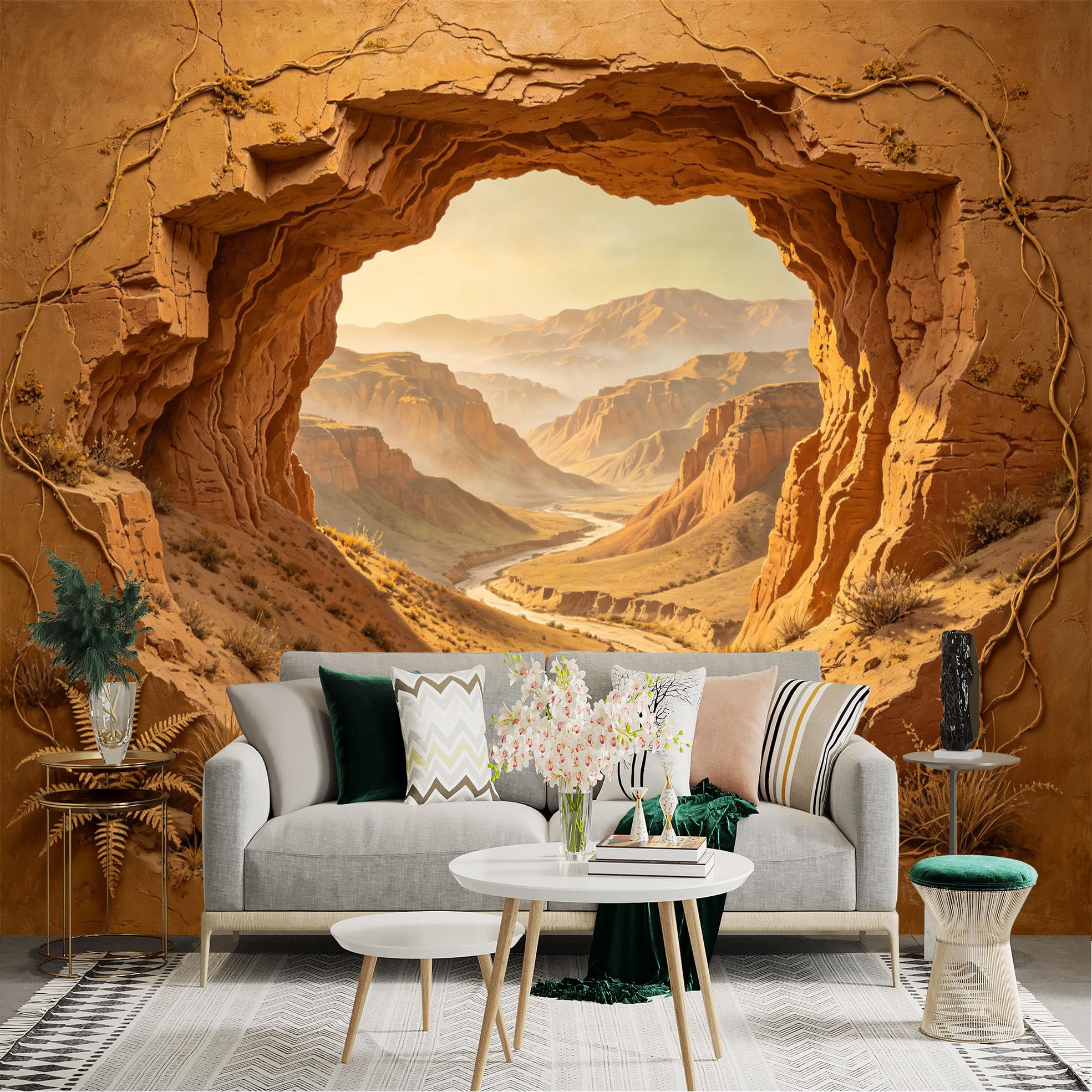 Custom Size Wall Sticker Mural， Desert Canyon Landscape with River， Rocks and Sunset Light， for wall Decoration， peelandstick wall Decals.