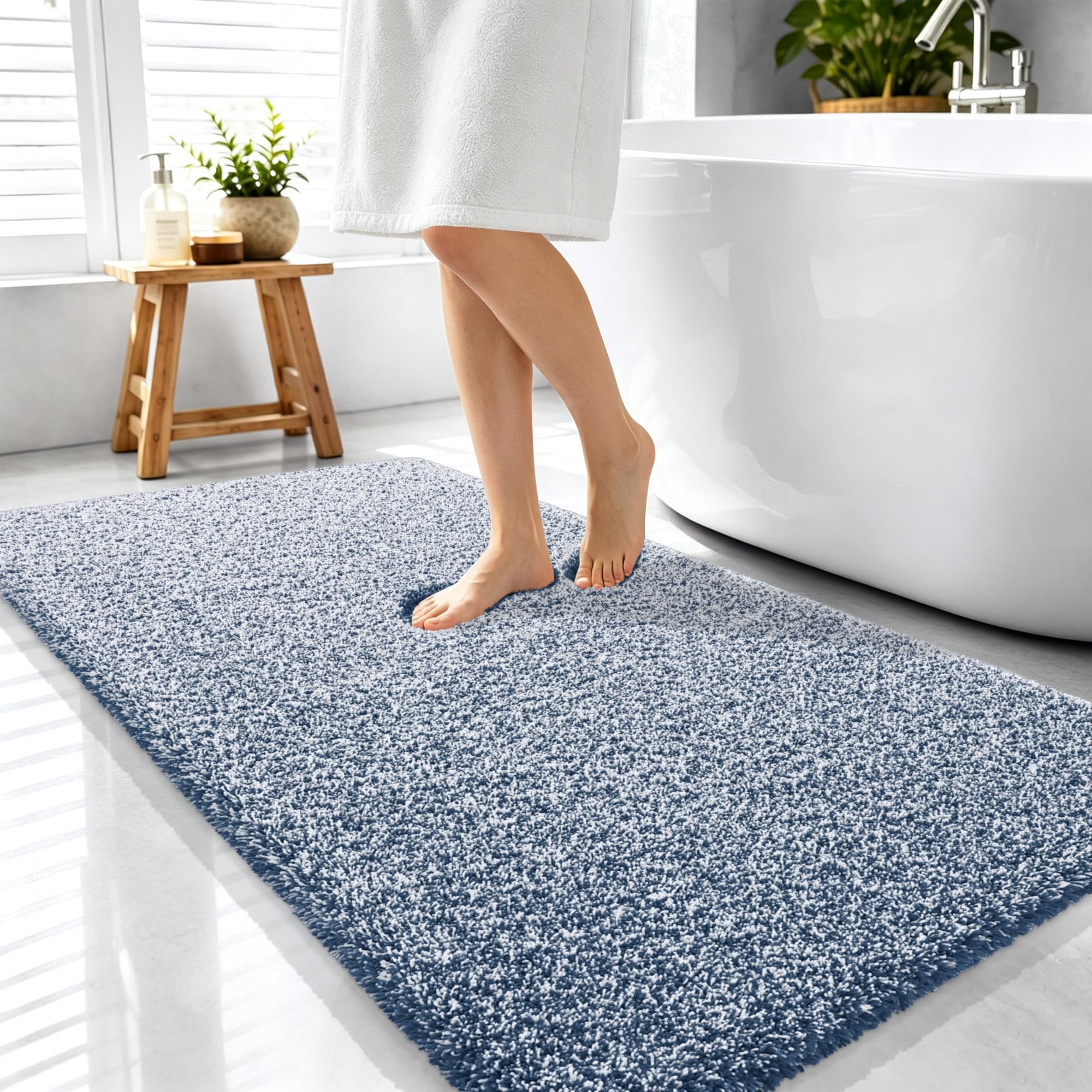 OLANLY Microfiber Bathroom Rugs 44x24, Quick Dry Bath Mat, Navy and White