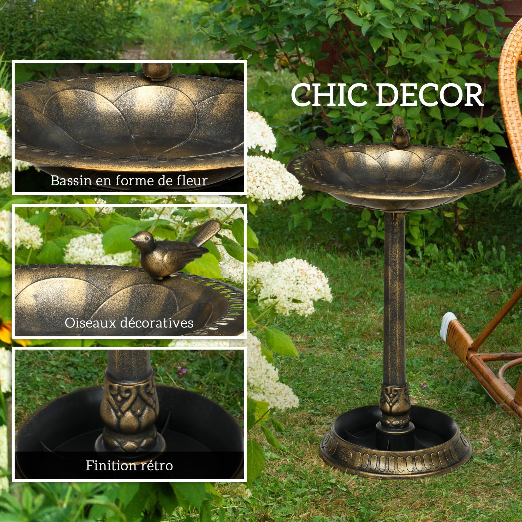 Outsunny Bain d'oiseaux Abreuvoir, mangeoire pour Oiseaux jardinière 2 en 1 dim. Ø 50 x 72H cm polypropylène Bronze Antique