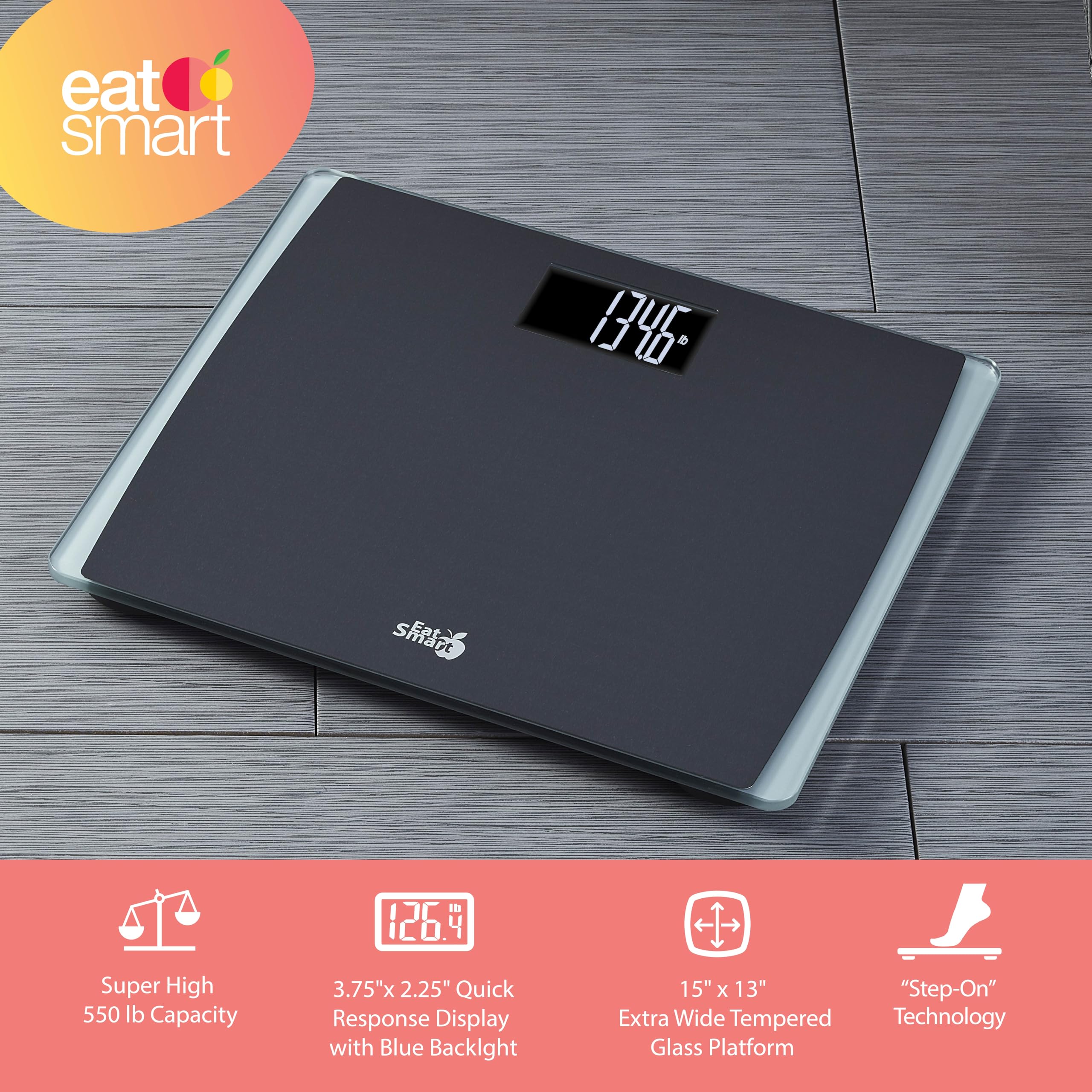EatSmart Digitale Präzisionswaage für Körpergewicht, extra breite Plattform, hochsichtbares Display, Ultra-langlebiges Design für Zuhause, Haustiere, Gepäck und mehr, 250 kg hohe Kapazität, Schwarz