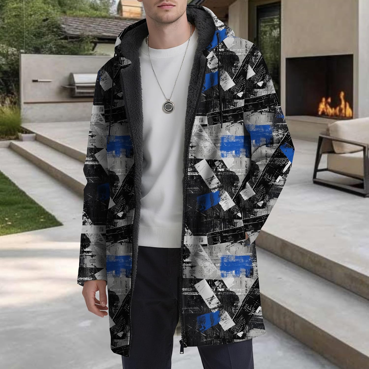 YZCX Mens Graffiti Printed Cardigan Hoodies Full Zip Up Long Sherpa Coat Fashion Casual Fleece Lined Jackets with Pockets - Image 5