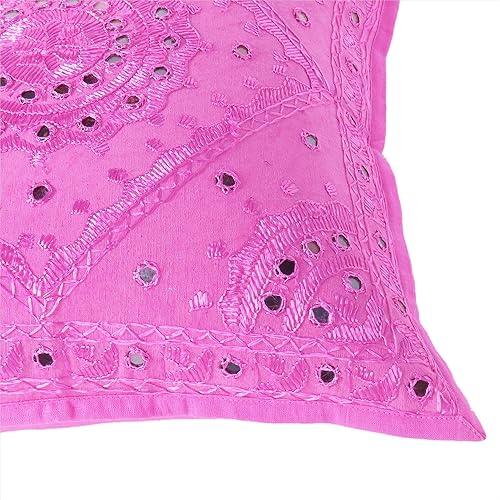 Miniatura 5 de Eyes of India Funda de cojín decorativa bohemia bordada con espejos, hecha a mano con acento bohemio para sofá, dormitorio, sala de estar (rosa, 16