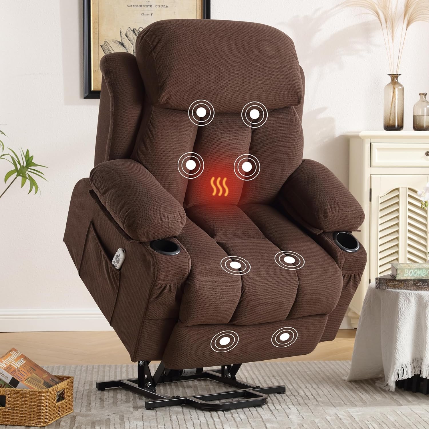 BOSMILLER Power Lift Recliner Chair for Elderly with Vibration Massage and Lumbar Heating Electric Oversized Single Sofa with Cup Holder and USB Charge Port for Living Room