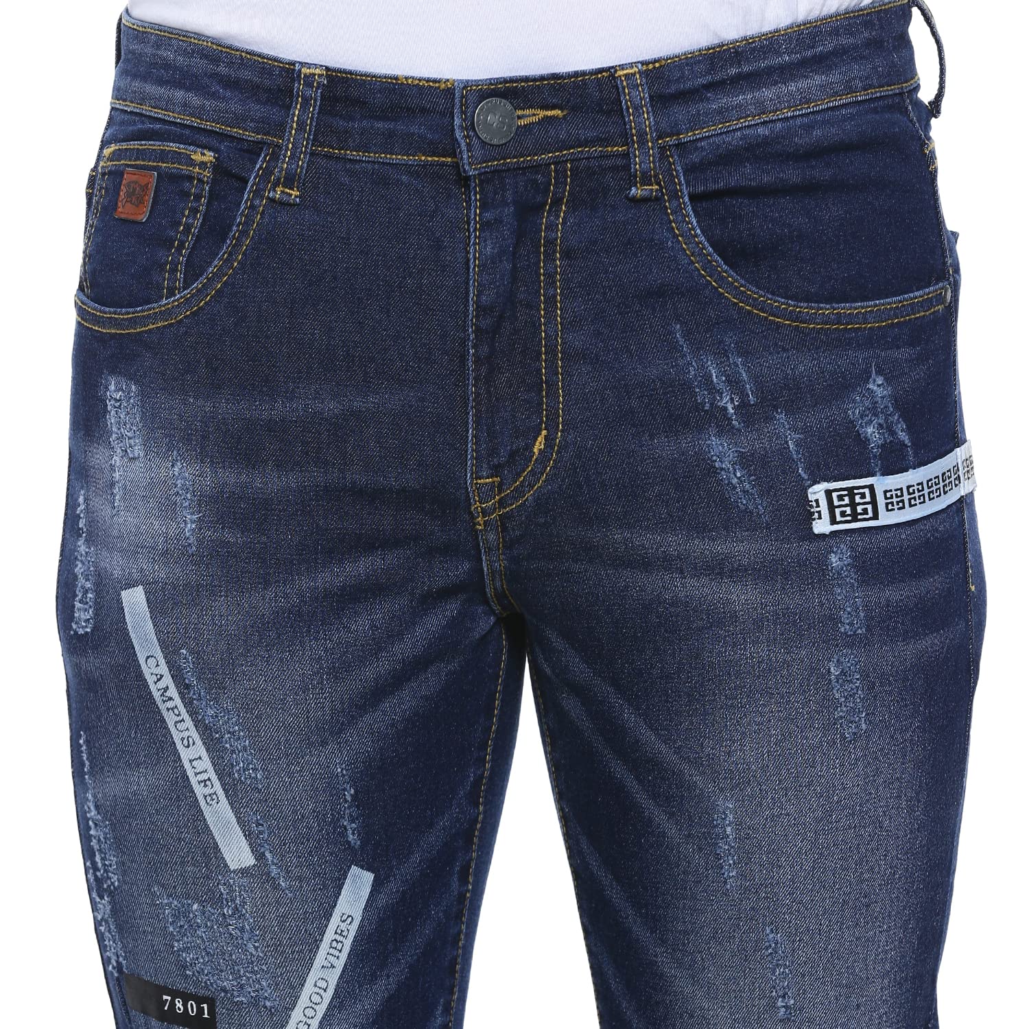 Campus Sutra Men’s Mid Rise Embroide Patched Denim Jeans for Casual Wear | -Wash | Regular Fit | Button Closure | Cotton Denim Jeans Crafted with Comfort Fit for Everyday Wear Campus Sutra Men’s Mid Rise Embroide Patched Denim Jeans for Casual Wear | -Wash | Regular Fit | Button Closure | Cotton Denim Jeans Crafted with Comfort Fit for Everyday Wear