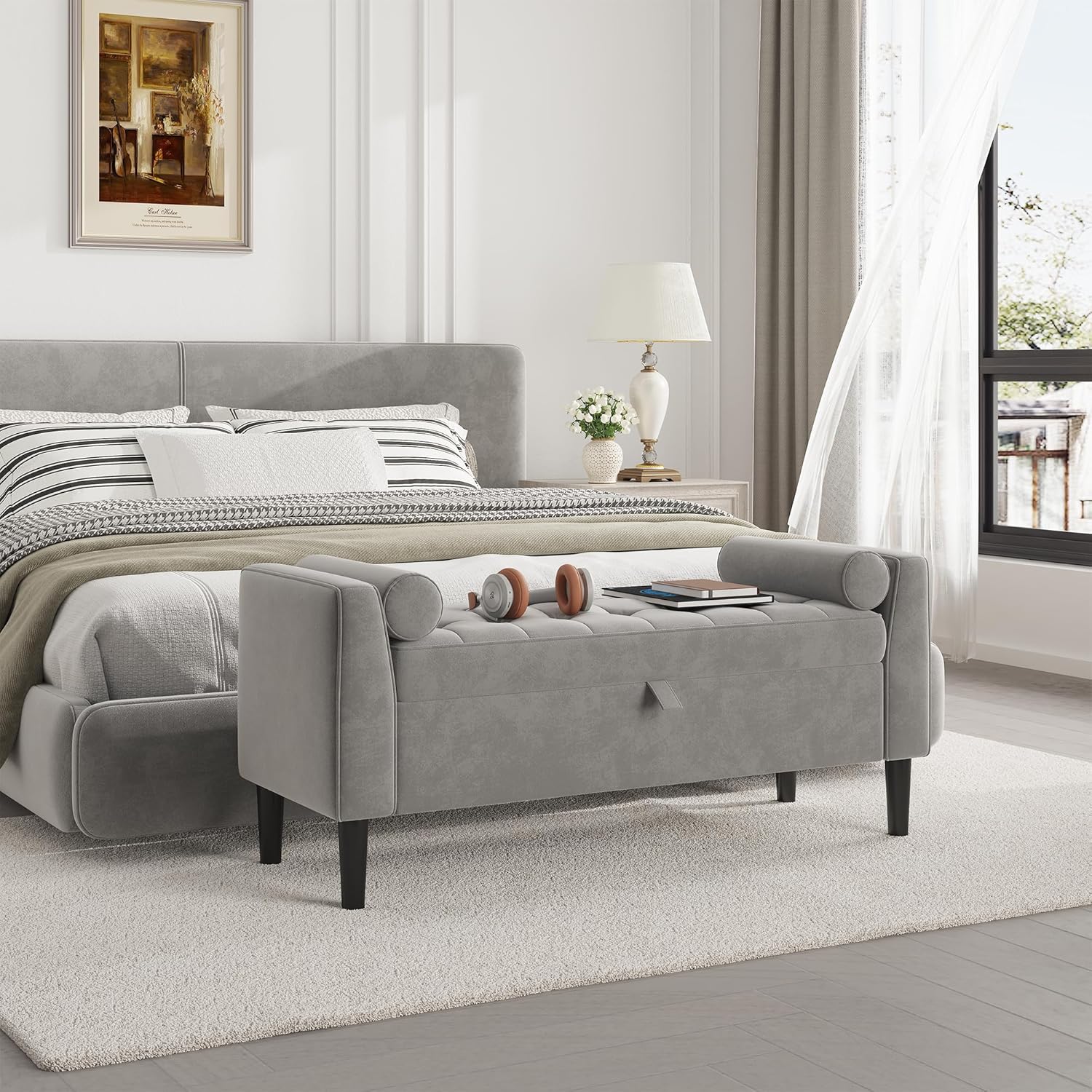 IDEALHOUSE Ottoman Bench with Storage, 46.5" Tufted Storage Bench for Bedroom, Upholstered Entryway Large Shoe Couches with Rolled Arms for Living Room, Hallway, Grey