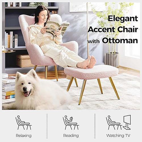 Miniatura 4 de Yaheetech Silla decorativa con otomana, sillón de tela Boucle, silla de tocador moderna y acogedora con patas doradas para sala de estar, salón,