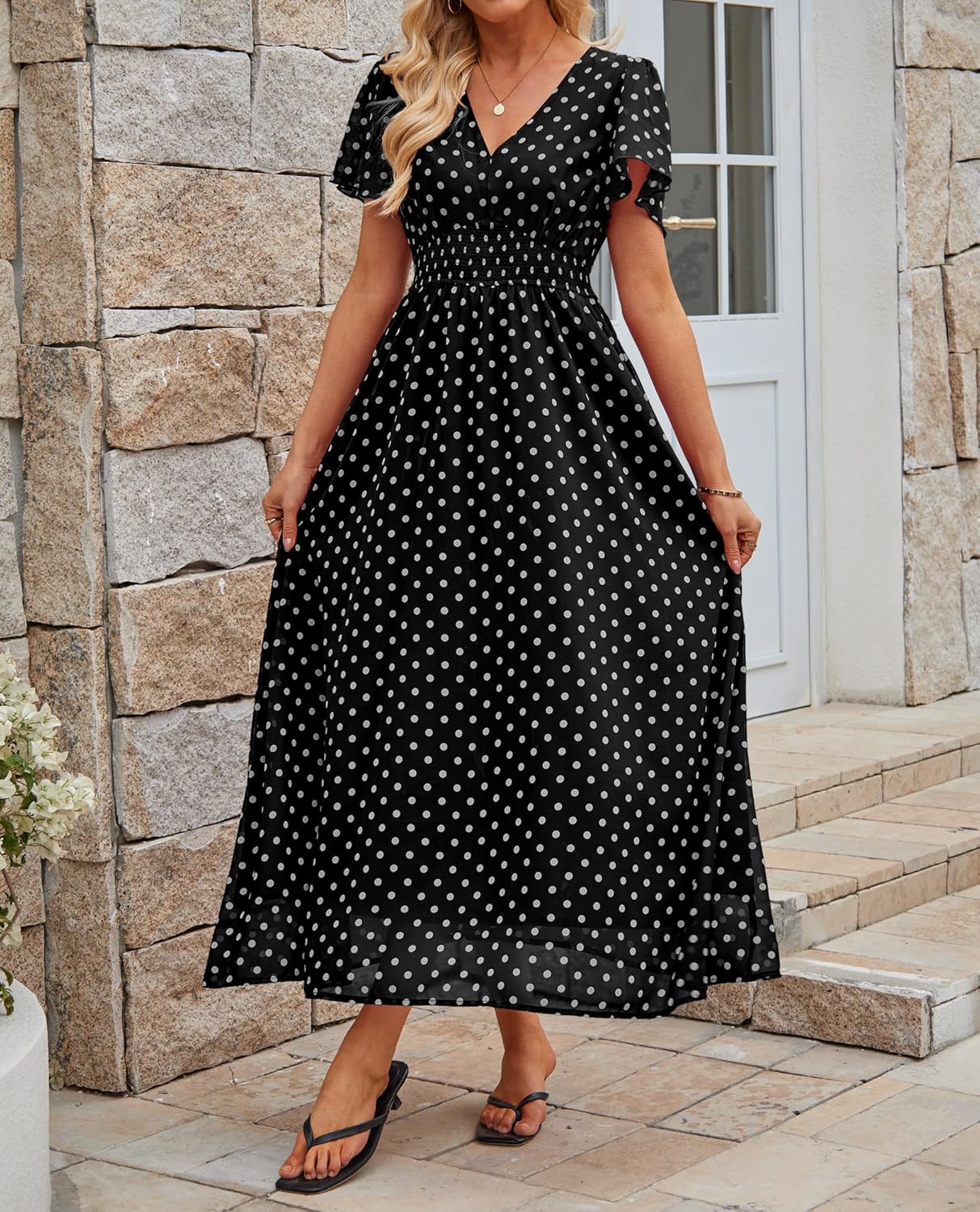 Polka Dot Dress for Women 2026 Summer V Neck Empire Waist Chiffon Maxi Long Dresses with Pockets Wedding Guest Party Beach