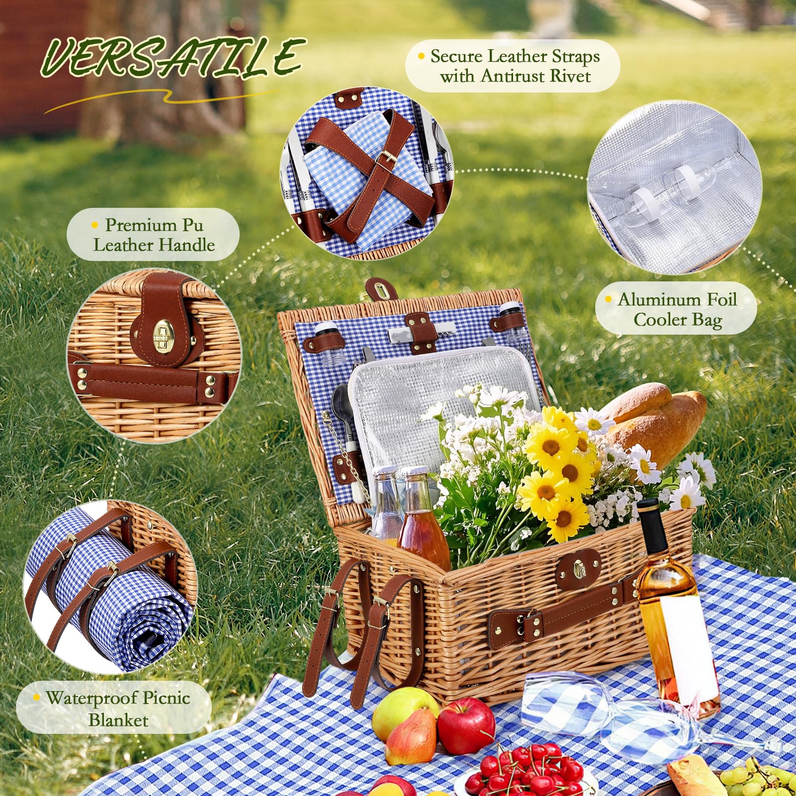 Picknickmand - Rieten picknickmand voor 4 personen - Groot geïsoleerd
