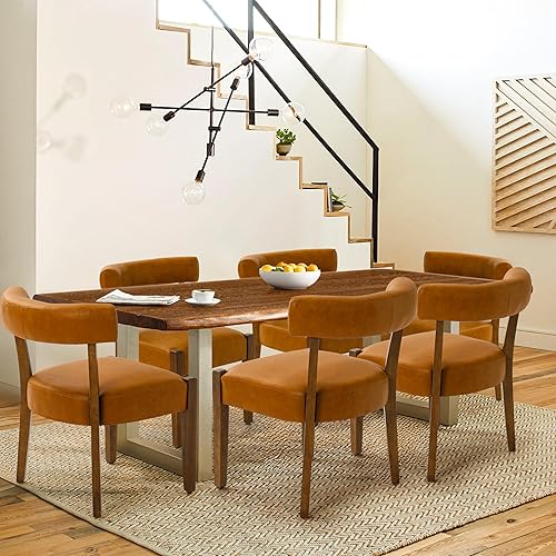 Miniatura 9 de Juego de 4 sillas de comedor modernas, tapizadas de piel sintética, sillas de comedor de madera modernas de mediados de siglo, sillas redondeadas