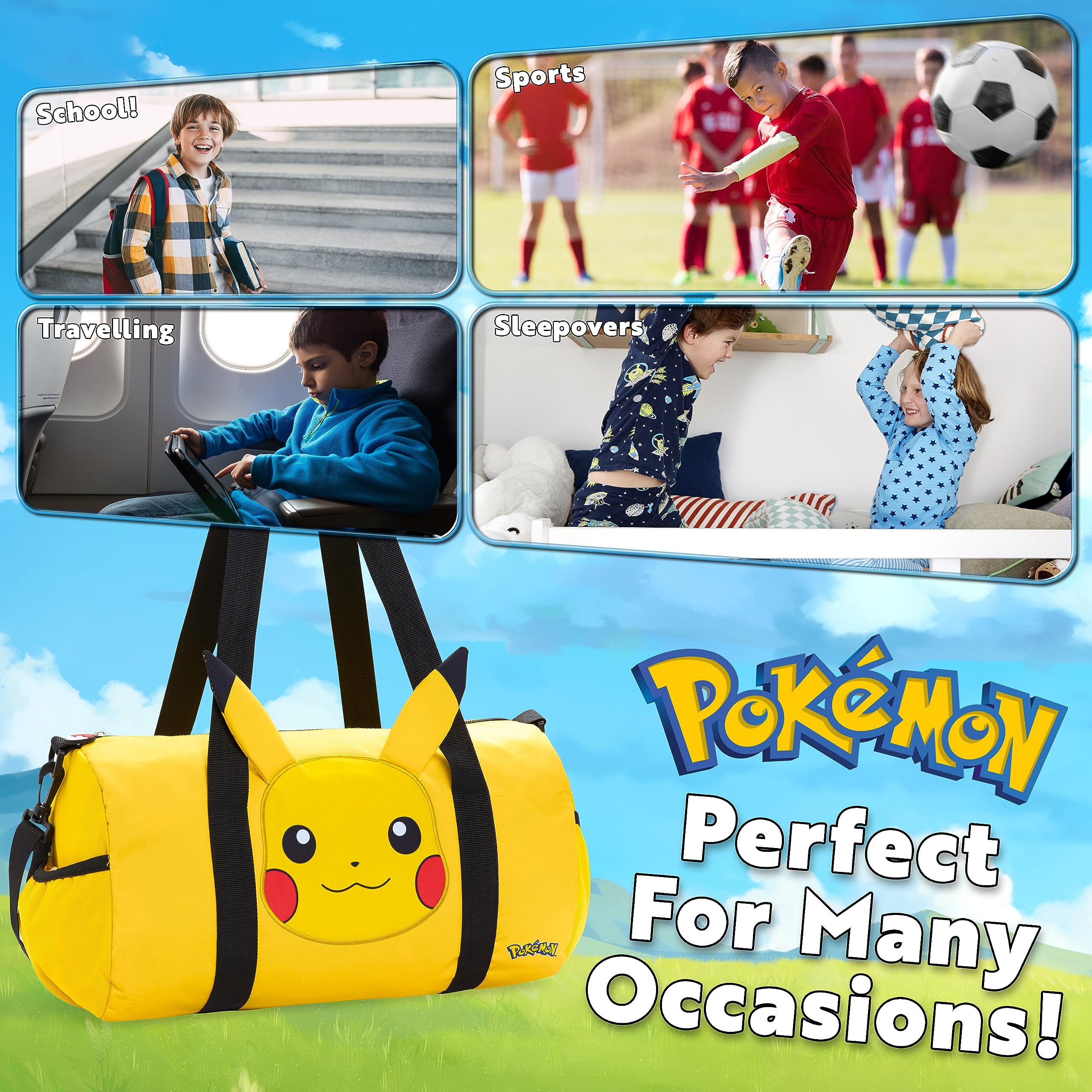Pokémon Torba Podróżna dla Dzieci - Gimnastyczna, Przez Noc, Sportowa, Pikachu Football Kit Holdall - Prezenty dla Chłopców, Jeden Rozmiar, Żółte Uszy 3D