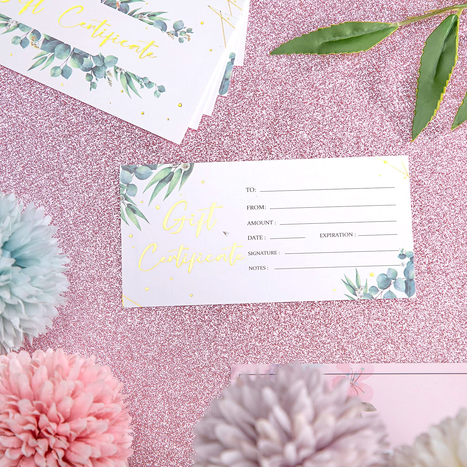 Chuangdi 100 Pcs Gift Certificate for Business Eucalyptus Blank Gift Certificate Cards Gold Foil Present Postcard Double-sided Customer Client Voucher Card for Wedding Birthday Beauty Salon Spa