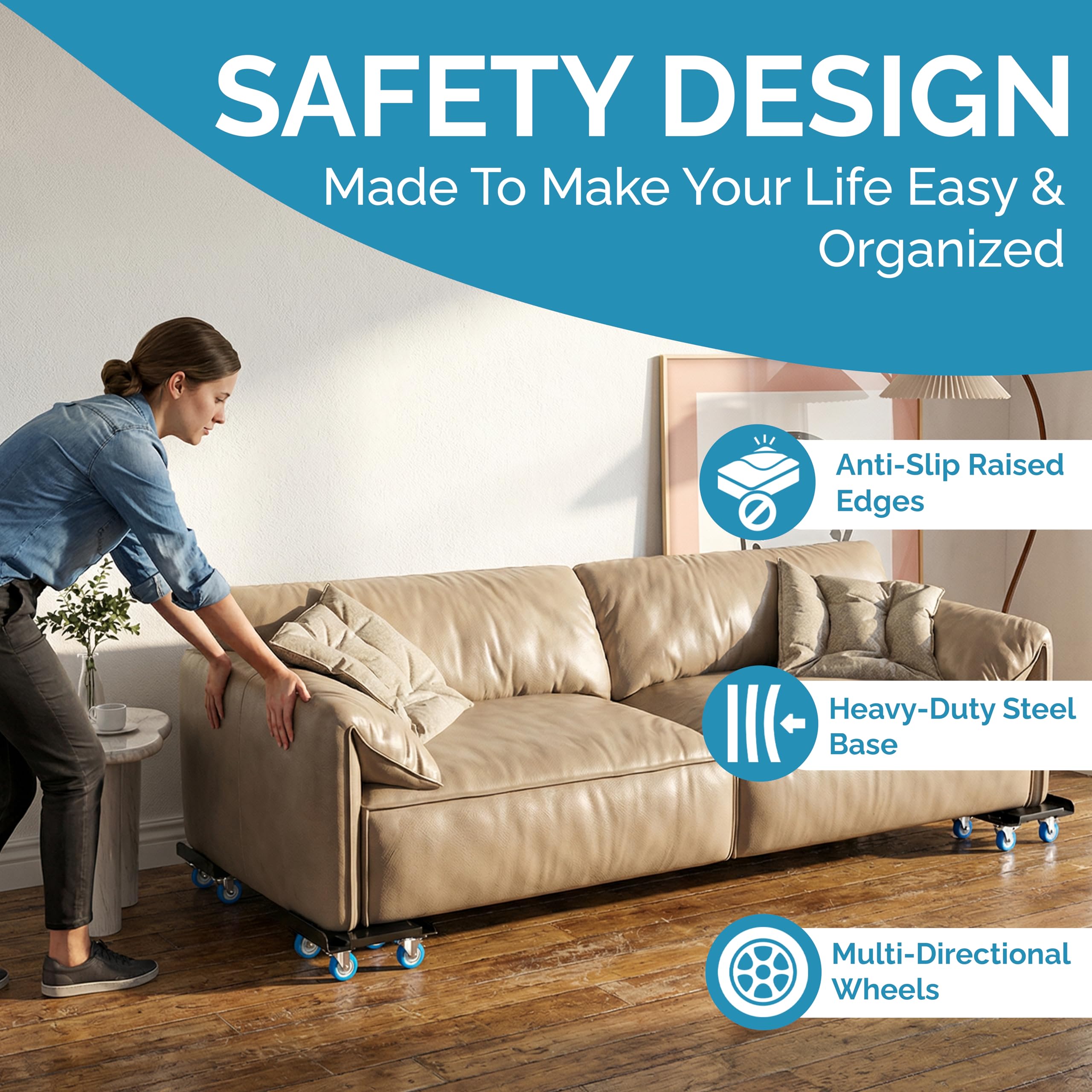 Plataforma rodante resistente para muebles con rotación de 360°, 5 ruedas, aleación de acero, capacidad de carga de 3000 libras con cinta métrica y nivelador para facilitar el movimiento de