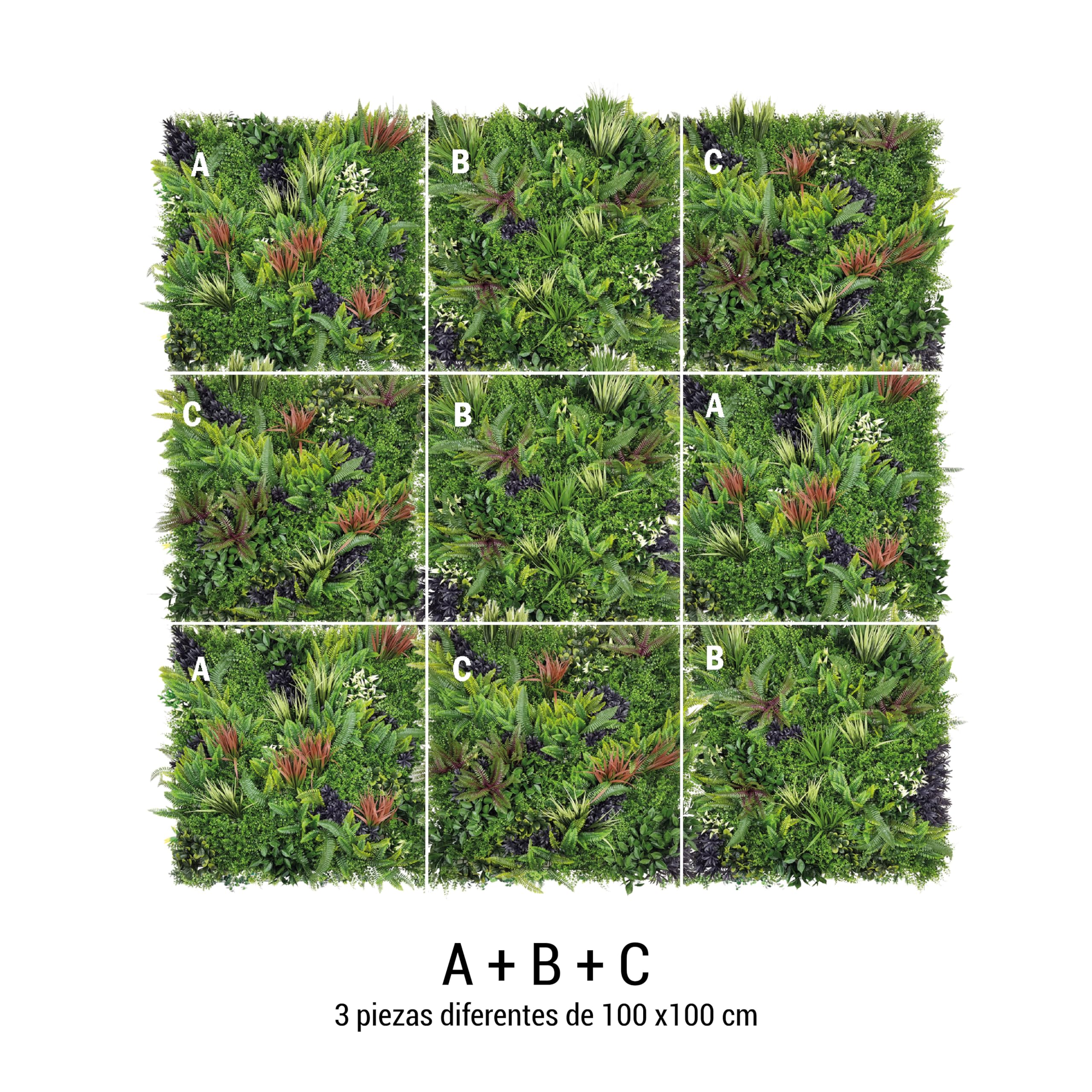 BONERVA | Jardín Vertical Artificial Amazonas | Pack 3 Piezas 100x100 Cm (3m²) | Planta Artificial Decorativa para hogar, Oficina, Hotel, Restaurante, etc. | MAL1218