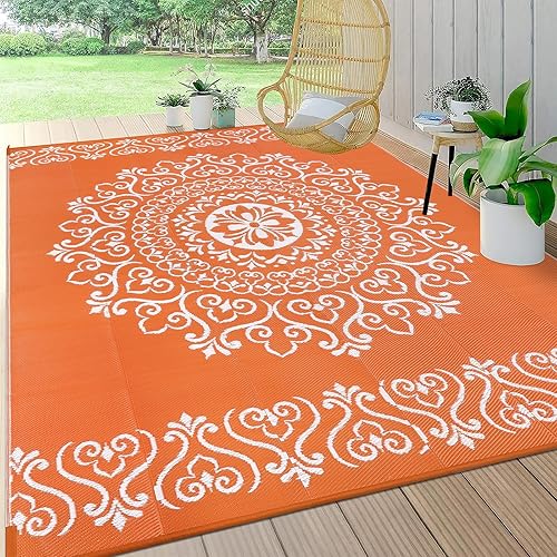 Pauwer Waterproof Outdoor Rug 8x10, Reversible Plastic Straw Patio Camping Rug, Indoor Outdoor RV Mat Carpet for Deck, Camper, Porch, Balcony, Backyard, Picnic, Floral Orange - Floral Orange - 8' x 10' (Rectangular)