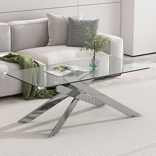 Mesa auxiliar de cristal de 47 pulgadas, mesa central rectangular moderna con parte superior de vidrio templado transparente y patas de metal